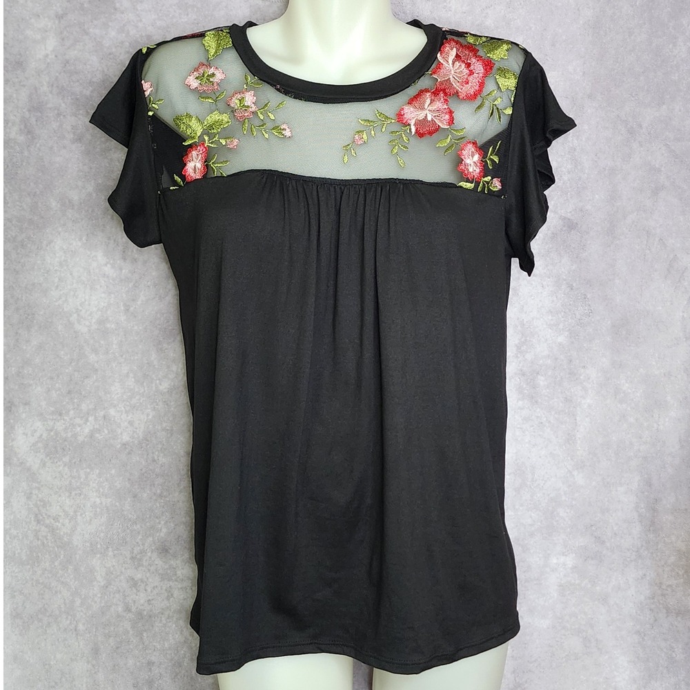 Haptics Top Size S Black Floral Embroidered Mesh Yoke Flutter Sleeve Boho Blouse